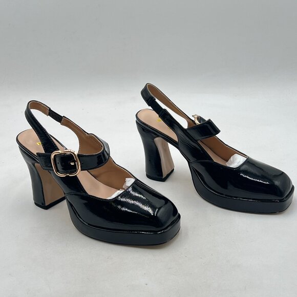FYS Black Platform Square Toe Pumps Block High Heel Mary Janes Slingback Shoes - Picture 4 of 8